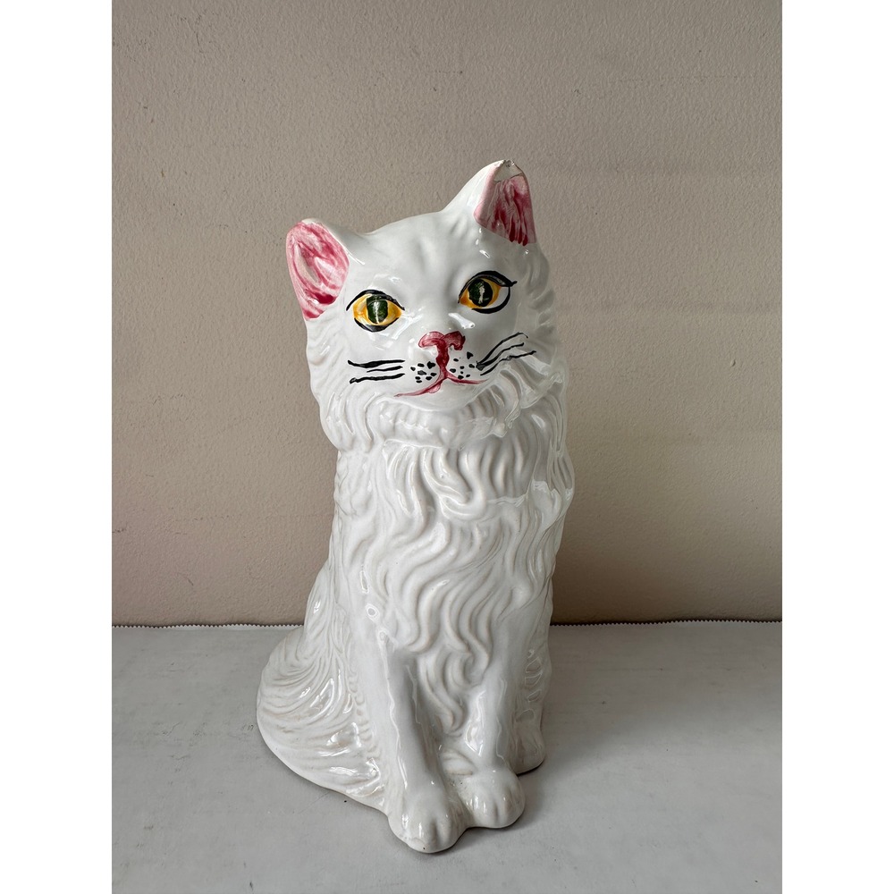 Vintage Portugal Ceramic White Persian Cat Figurine Hand Painted Statue 12in